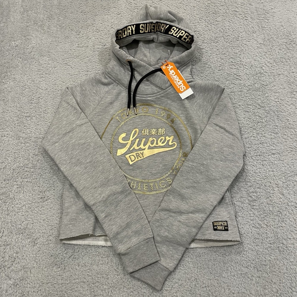 NWT Superdry Ace Metallic Cropped Hoodie Womens US 6 UK S Gray Gold Sweatshirt